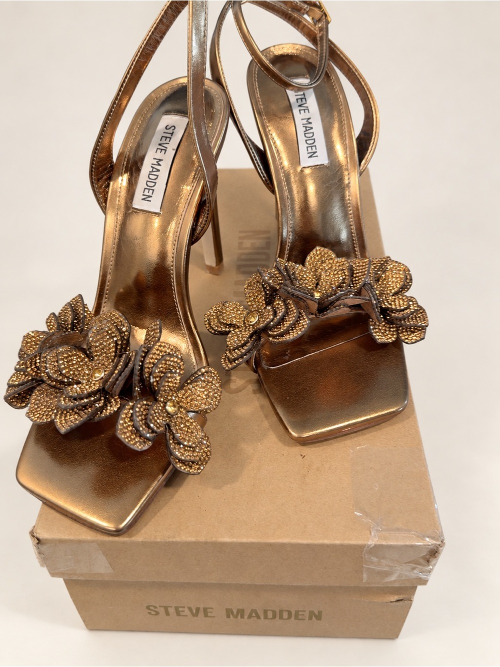 Steve Madden Gold Beaded Floral Stiletto Sandals worn twice !